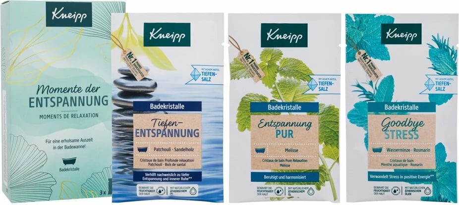Set kripë për banjë Kneipp Goodbye Stress, Pure Relaxation, Deep Relaxation, 3x60g