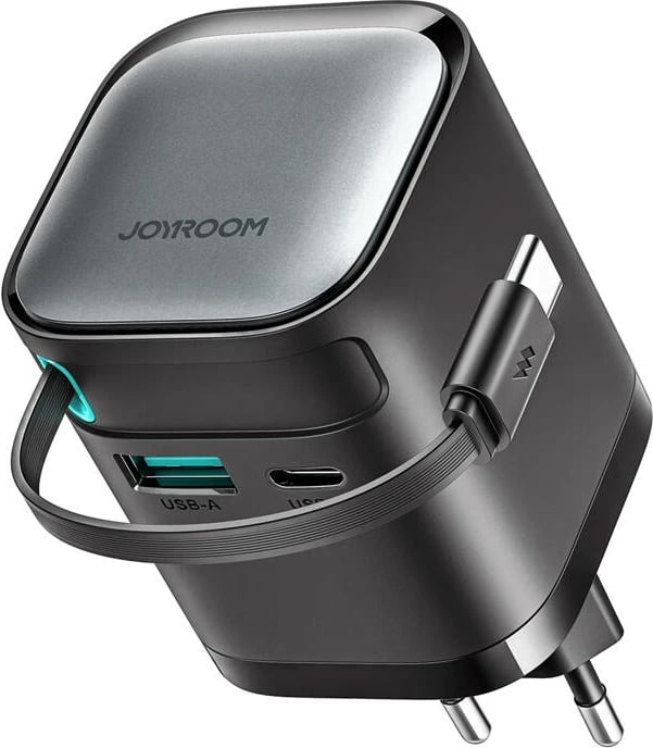 Karikues Joyroom TCL02, 65W, GaN, me kabllo të tërheqshme, USB-C/USB-A, i zi