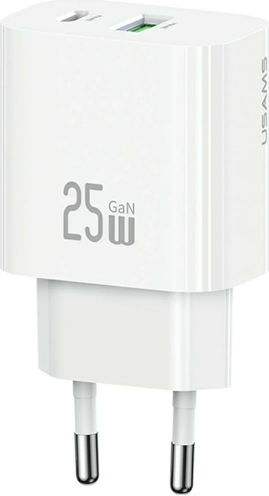 Karikues muri USAMS CC315 T65, 25W, 1xUSB-C, 1xUSB-A, Fast Charging, Bardhë