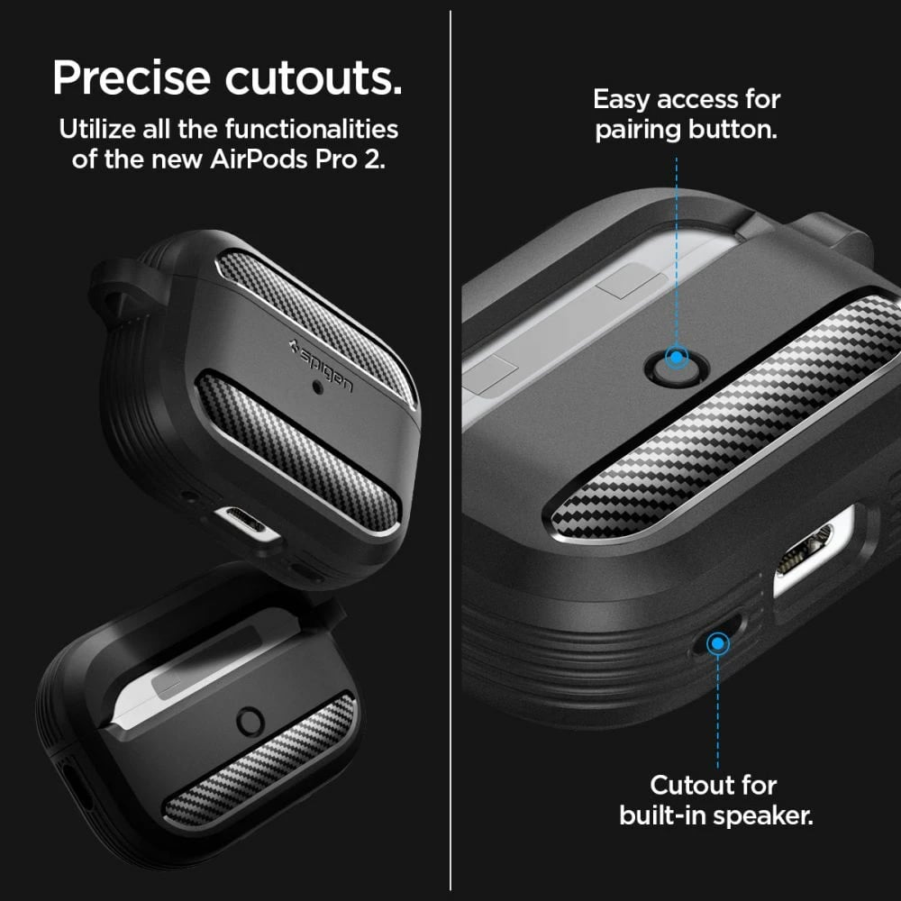 Mbështjellës Spigen Rugged Armor për AirPods Pro 1/2, me karabiner, i zi
