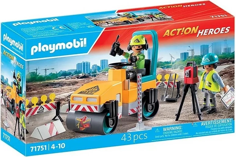 Set lodrash ndërtimi Playmobil Action Heroes 71751 me 2 figurina dhe makinë asfaltuese, 43 pjesë
