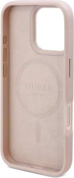 Mbështjellës Guess 4G Logo Plate MagSafe për iPhone 16 Pro, Rozë