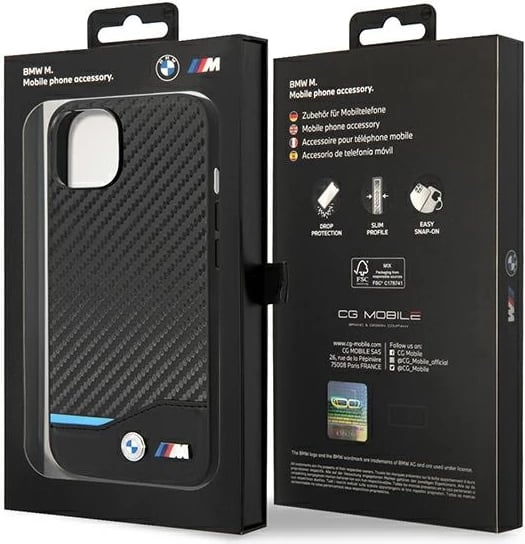 Mbështjellës BMW BMHCP14M22NBCK për iPhone 14 Plus 6.7", lëkurë karbon, zi