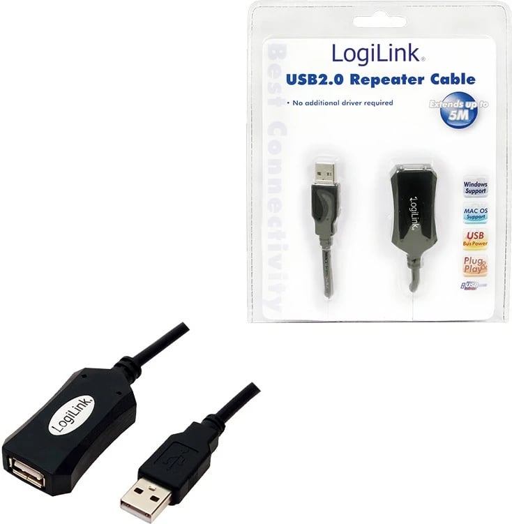 Kabllo zgjatuese USB 2.0 LogiLink UA0001A, 5m, e zezë