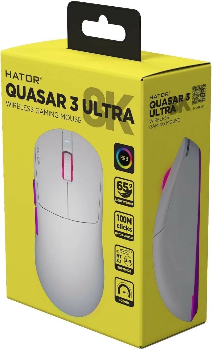 Maus gaming Hator Quasar 3 Ultra 8K, RGB, pa kabllo, i bardhë