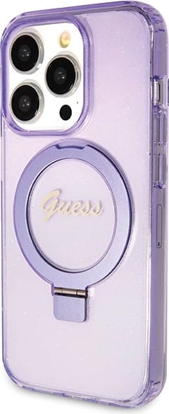 Mbështjellës Guess Ring Stand Script Glitter MagSafe për iPhone 14 Pro, vjollcë
