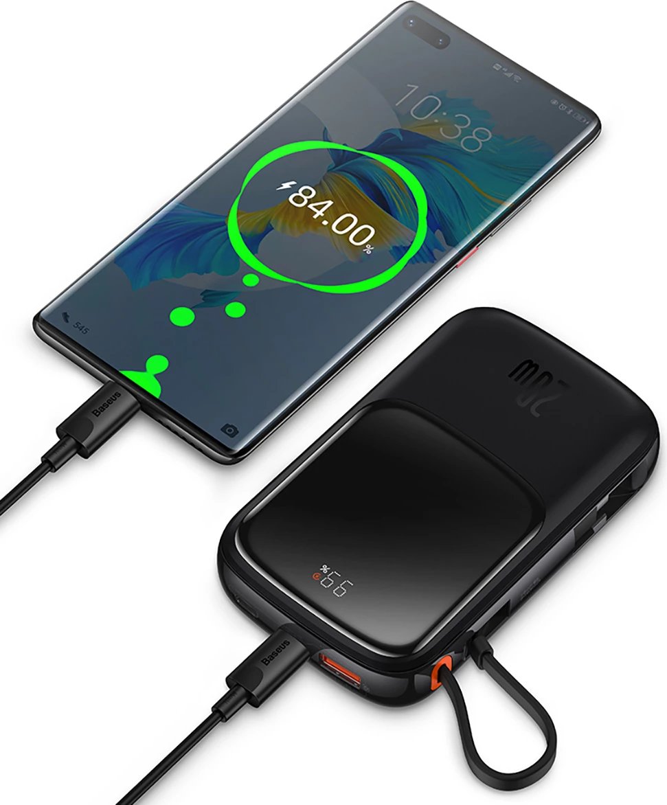 Powerbank Baseus Qpow 10000mAh me kabllo USB Type-C të integruar, 22.5W, Bardhë