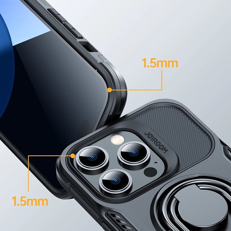 Mbështjellës Joyroom Dual Hinge për iPhone 14 Pro, me mbajtëse dhe unazë, i zi