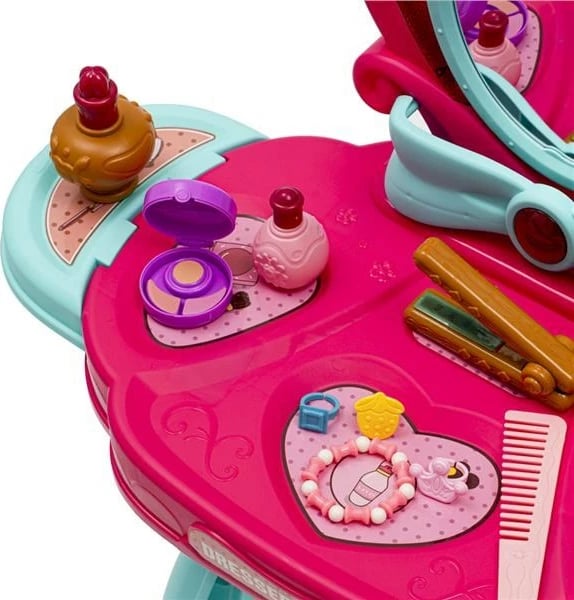 Tavolinë grimimi lodër, BABY MIX, me muzikë dhe pasqyrë që hapet, 72x45x30.5 cm, fuqi 5xAA, rozë/fuksia e bardhë, set aksesorësh