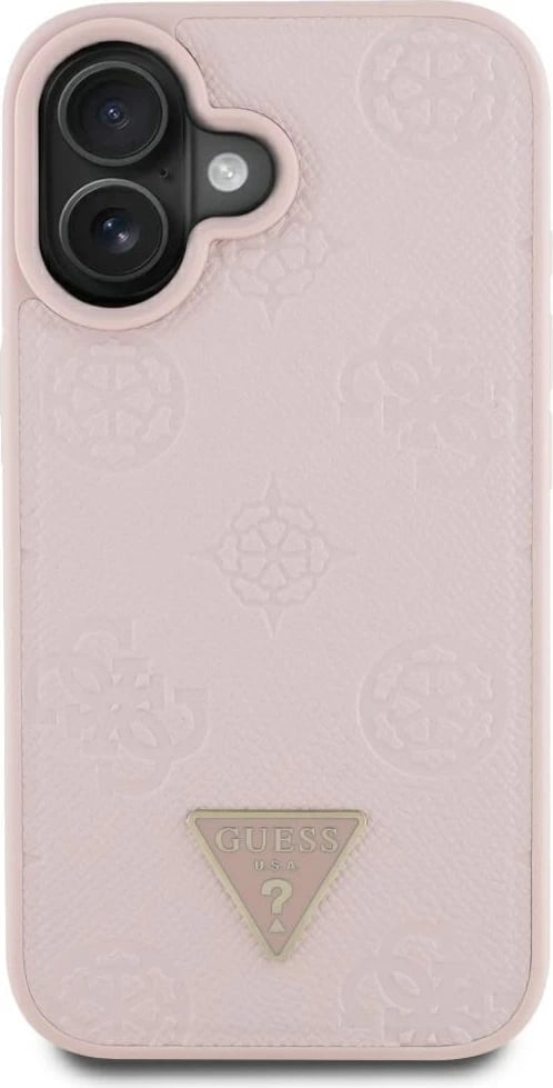 Mbështjellës Guess Grained Hot Stamp Peony Triangle Logo MagSafe për iPhone 16, Rozë