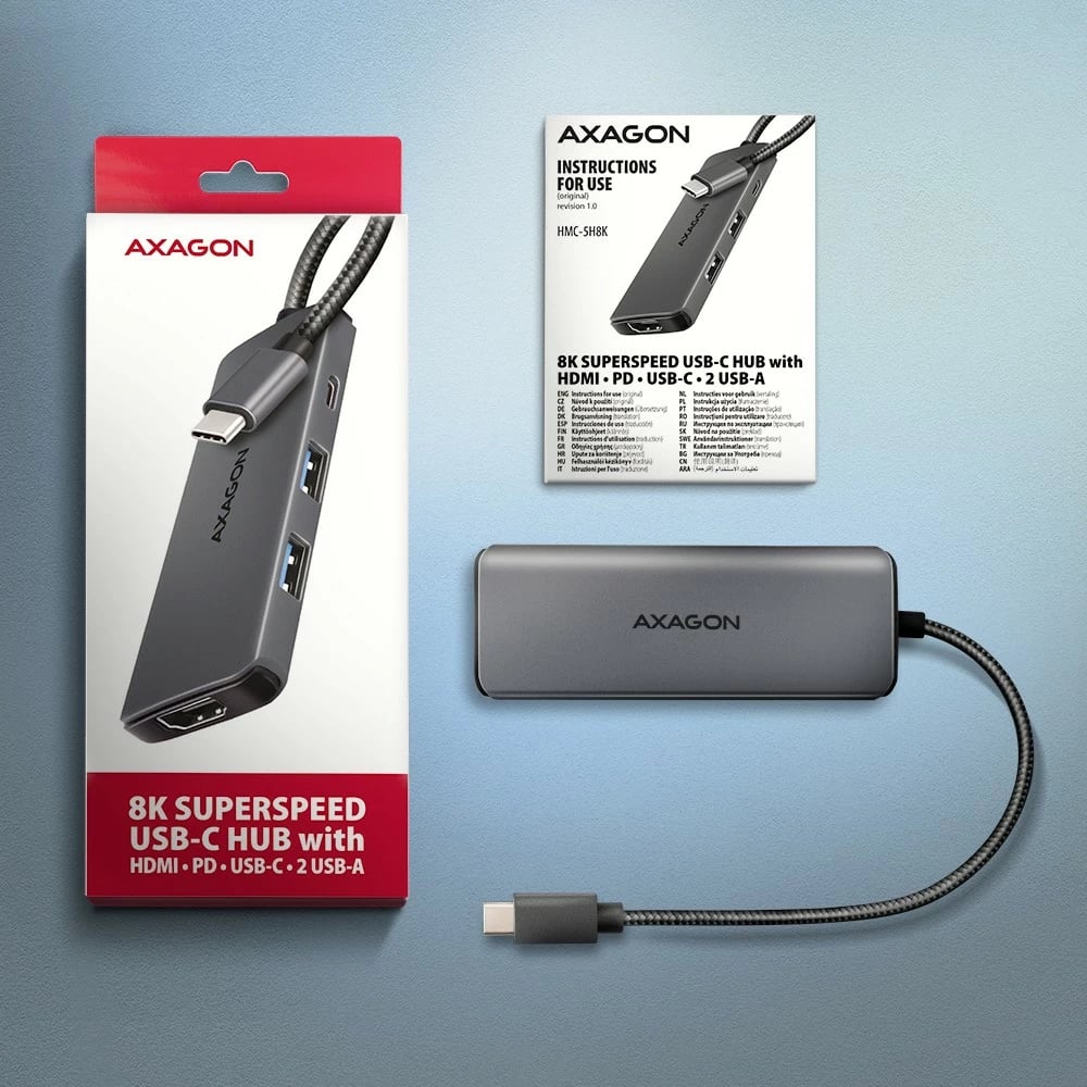 Kasë portesh AXAGON HMC-5H8K, 5in1, 5Gbps, 2x USB-A, 1x USB-C, HDMI 8K/30Hz, PD 100W, Gri