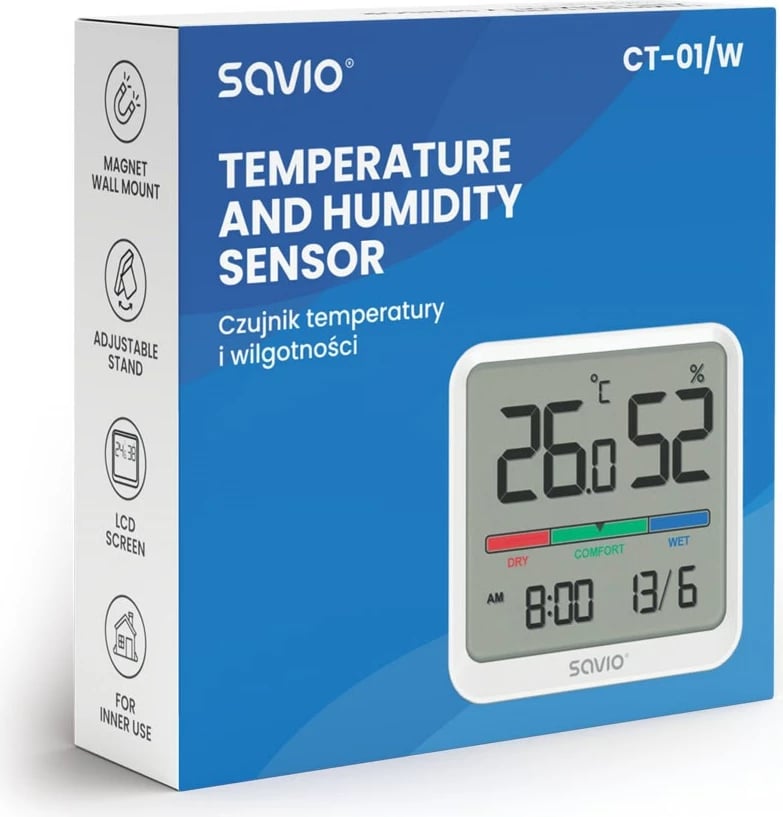 Stacion moti SAVIO CT-01/W, sensor temperaturë dhe lagështie, ekran LCD, i bardhë