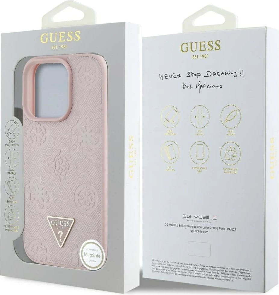 Mbështjellës Guess Grained Hot Stamp Peony Triangle Logo MagSafe për iPhone 16 Pro, Rozë