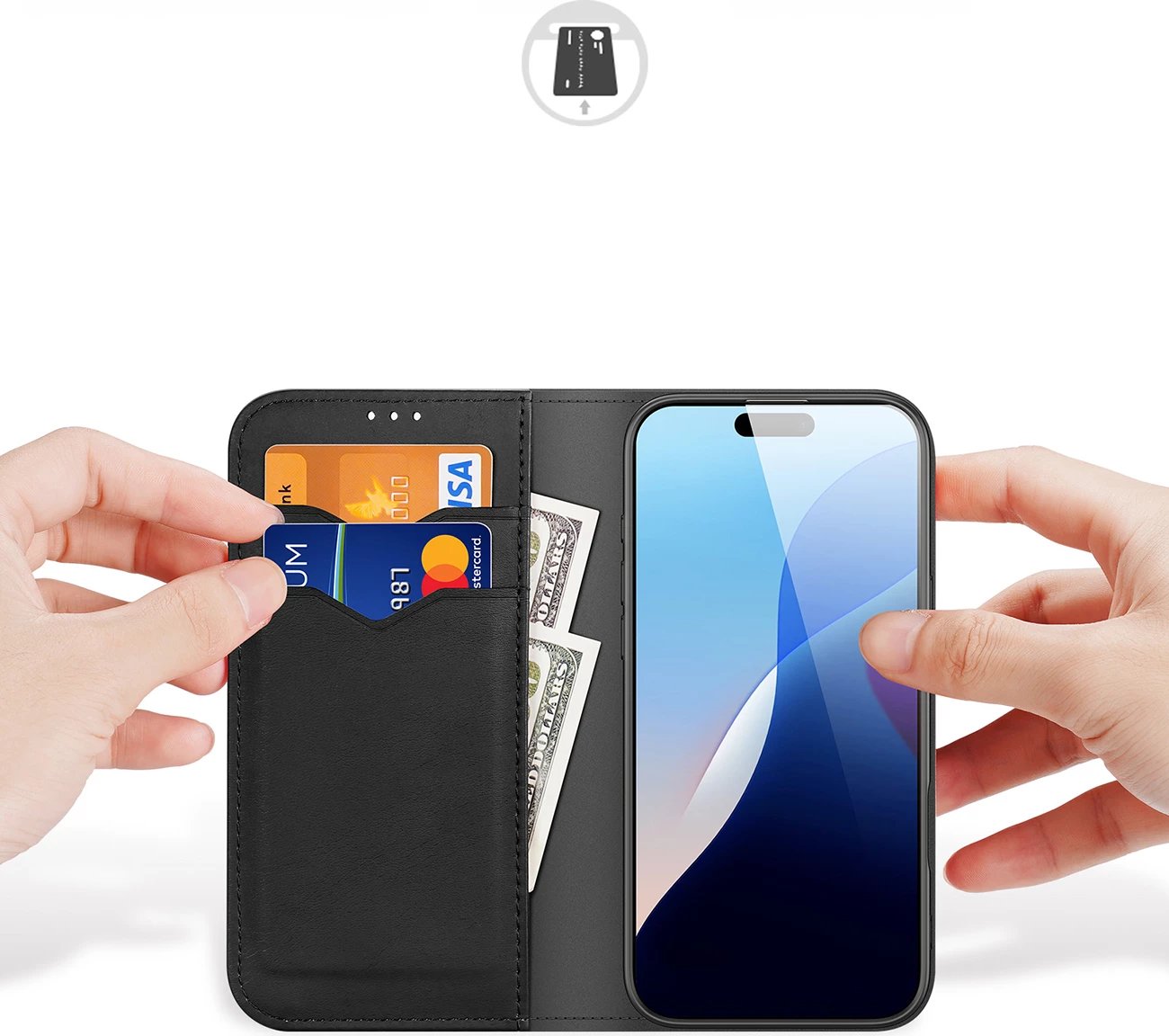 Mbështjellës Dux Ducis Hivo për iPhone 16 Pro, lëkurë, me kapak, RFID, i zi