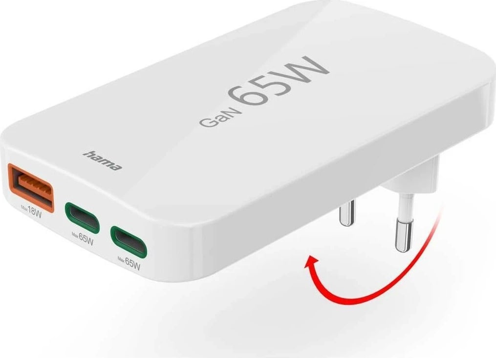 Karikues Hama 65W GaN, 2X USB-C, 1X USB-A, bardhë