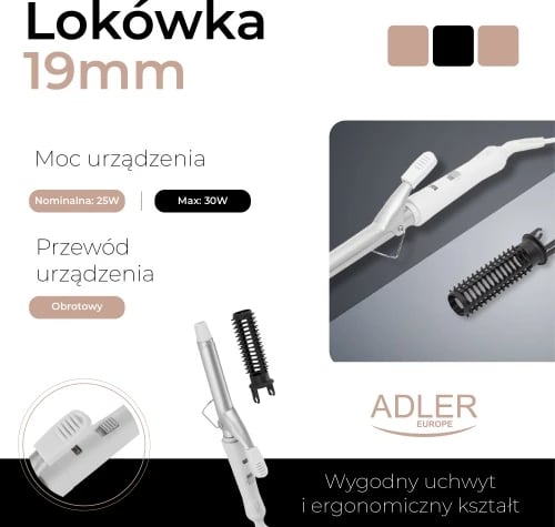 Figaro për flokë, Adler, AD 2105, 19mm, qeramikë, 25W, PTC ngrohje e shpejtë, me furçë, e bardhë/argjend