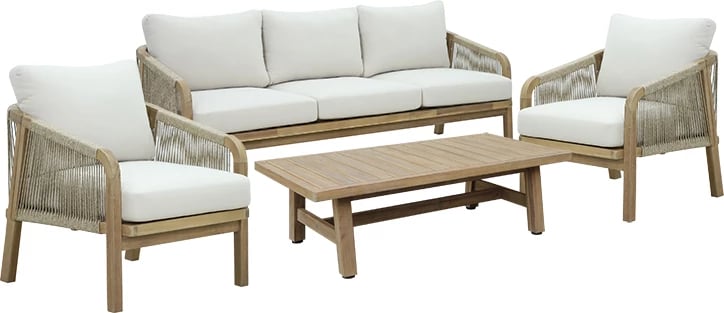 Set 4 pjesësh Malibu I, mobilje për sallon ose oborr, dru akacie natyrale, stof bezhë