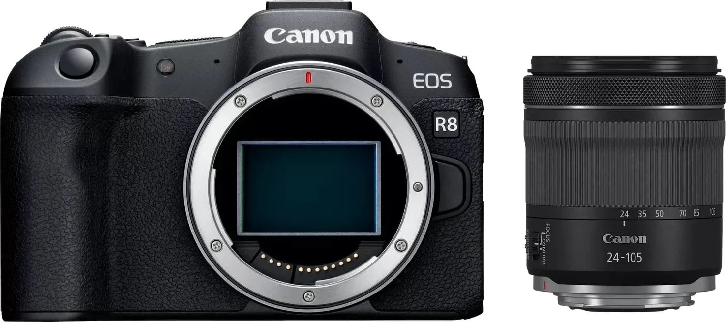 Kamerë pa pasqyrë Canon EOS R8 me objektiv RF24-105 F4-7.1 IS STM, e zezë