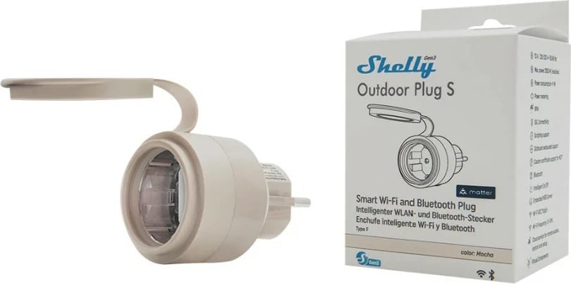Prizë inteligjente Shelly Outdoor Plug S Gen3, Wi-Fi/Bluetooth, 12A, mocha