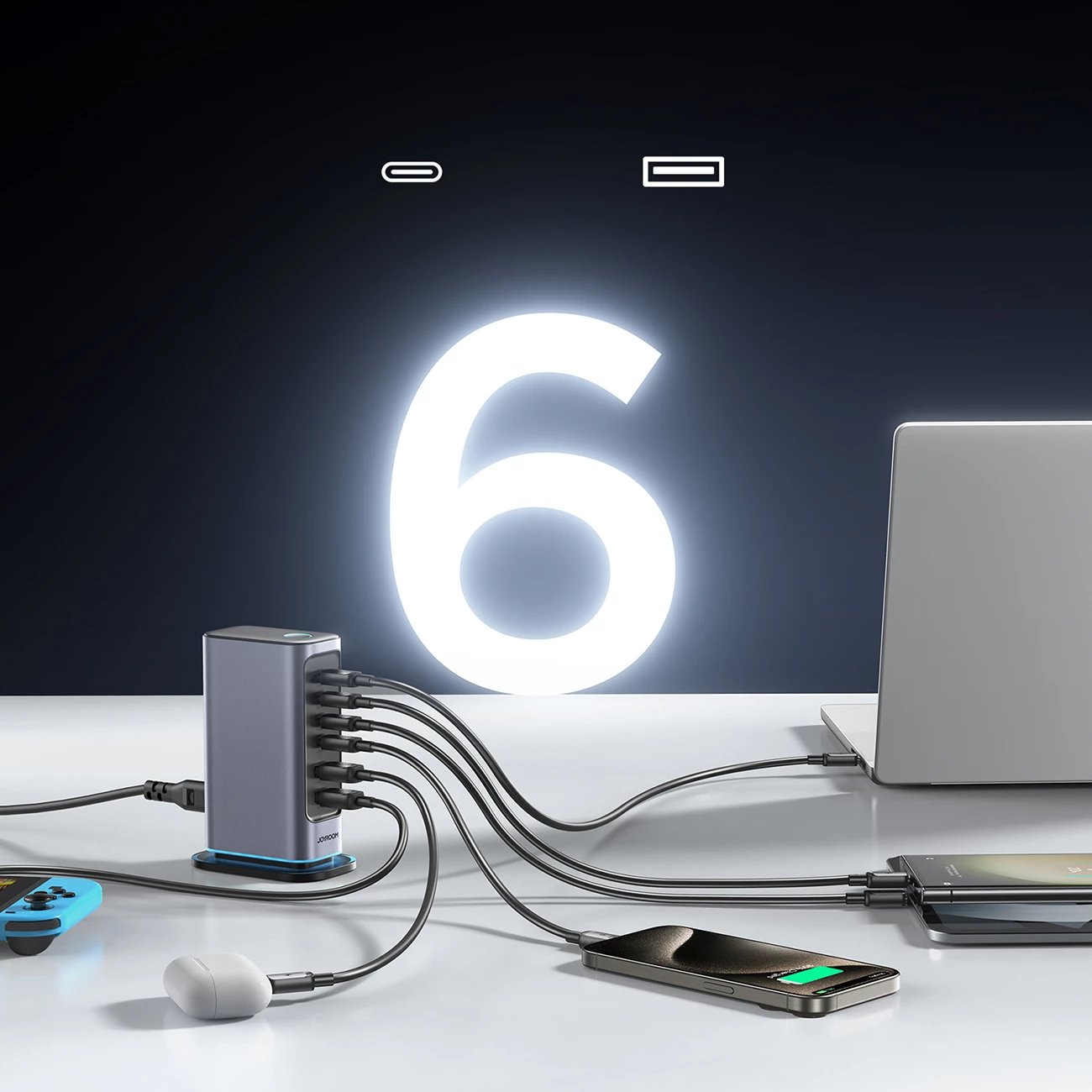 Karikues muri Joyroom JR-TCM02, 65W, 4x USB-C, 2x USB-A, GaN, Gri e errët