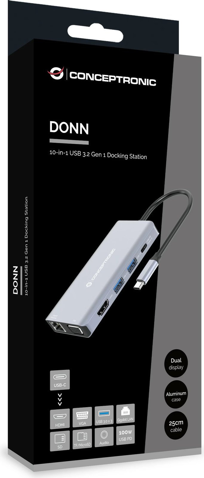 Docking station Conceptronic 10-1, USB-C në HDMI/USB-A/VGA/AUX, 25cm, gri