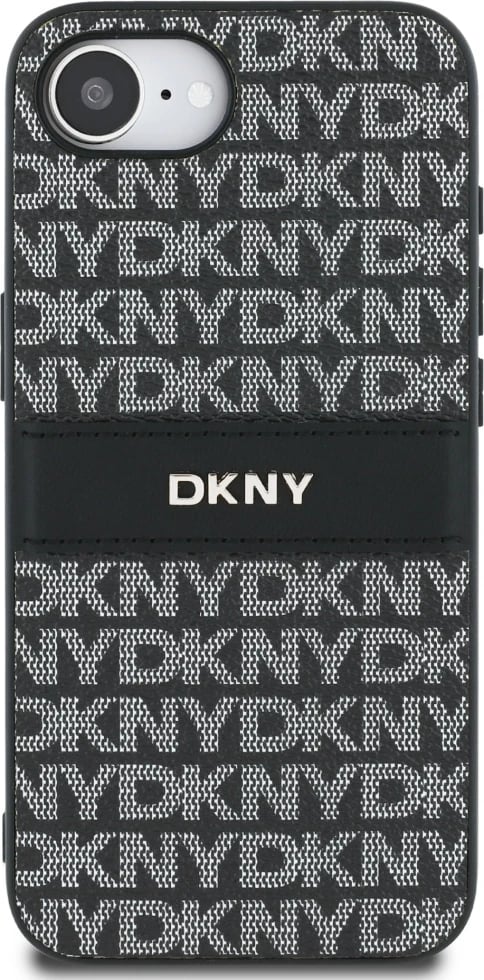 Mbështjellës DKNY Repeat Texture Pattern me shirit dhe logo metalike, për iPhone 16e, e zezë