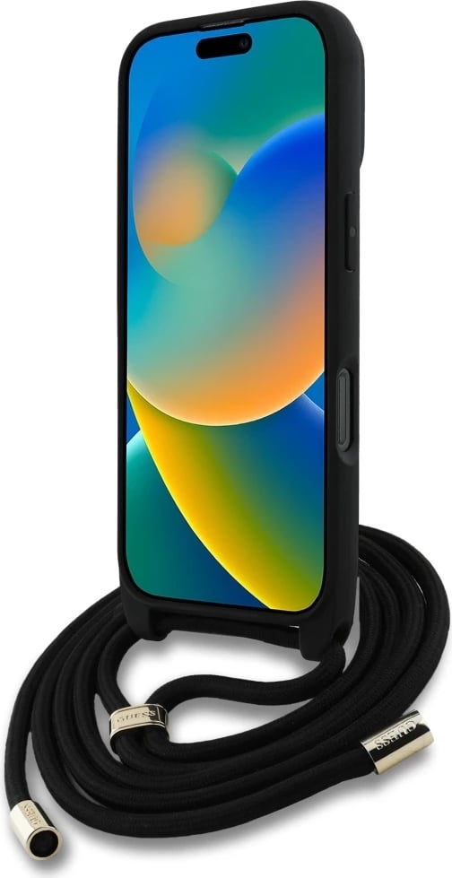 Mbështjellës Guess 4G Big Logo Cord Stap Crossbody për iPhone 16 Pro Max, i zi