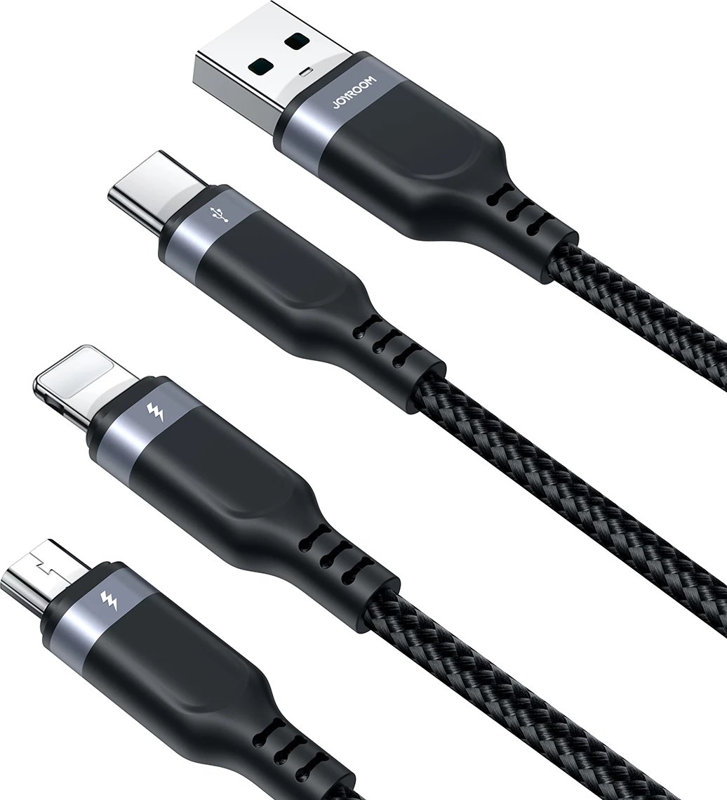 Kabllo 3-në-1 Joyroom Multi-Use Series S-A18, 0.3m, USB-A në Lightning/USB-C/micro USB, e zezë