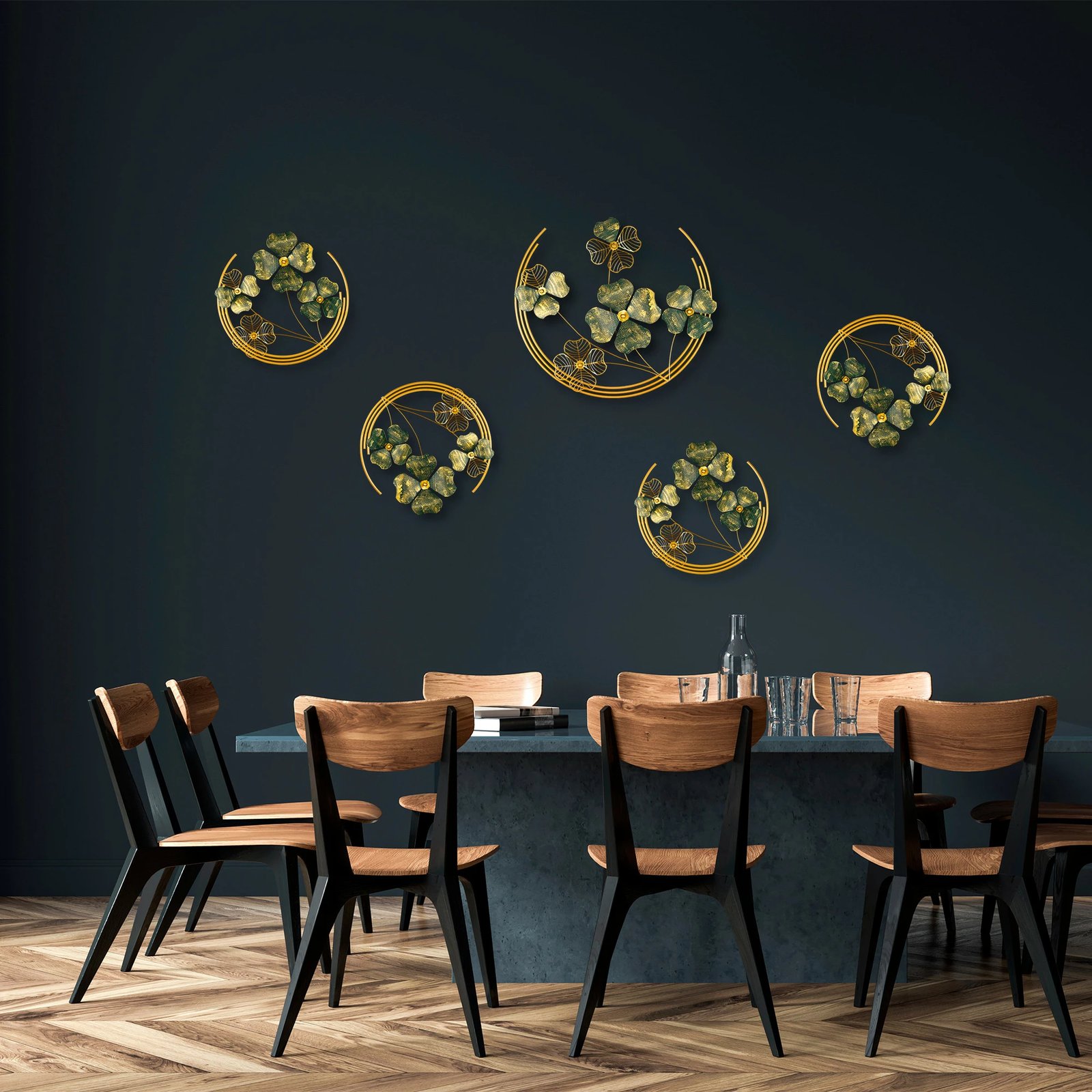 Aksesor dekorativ metalik për mur, Wallity, Shihezi, ngjyrë e gjelbër dhe ari, 50x50x5cm