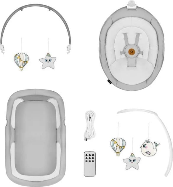 Djep lëkundës Lionelo Bella Set, 2-në-1, me muzikë, jastëk dhe lodra, Gri