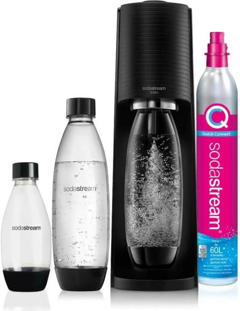 Aparat gazifikues uji, SodaStream Terra Megapack QC (2270214), me 3 shishe dhe bombol CO2 Quick Connect 60 L, e zezë