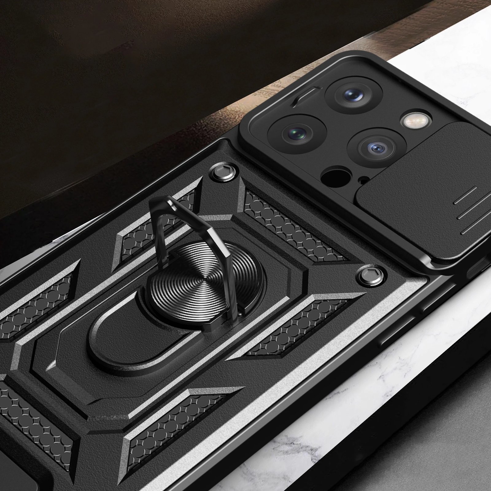 Mbështjellës Hurtel Armor Camshield me stand dhe mbulesë kamere për iPhone 15 Pro Max, i zi