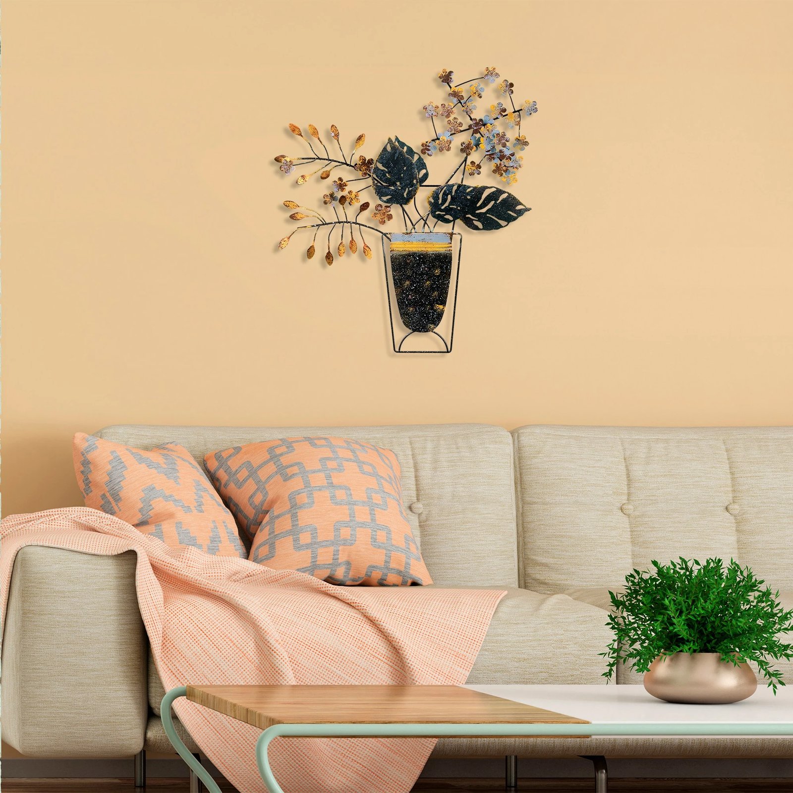 Aksesor dekorativ metalik për mur, lule në vazo, Wallity, shumëngjyrësh