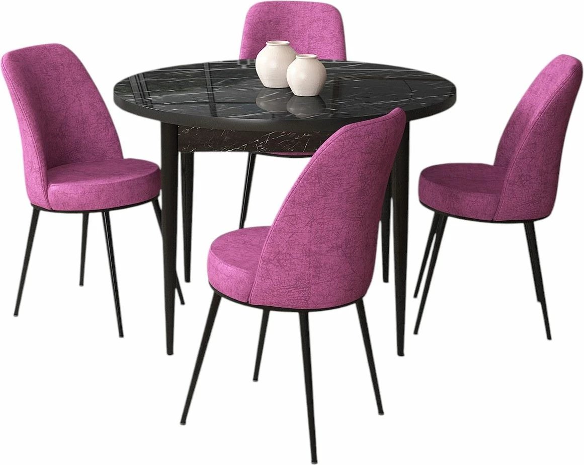 Tavolinë me karrige, 5 copë, Skye Decor, mermer i zi, karrige të purpurta