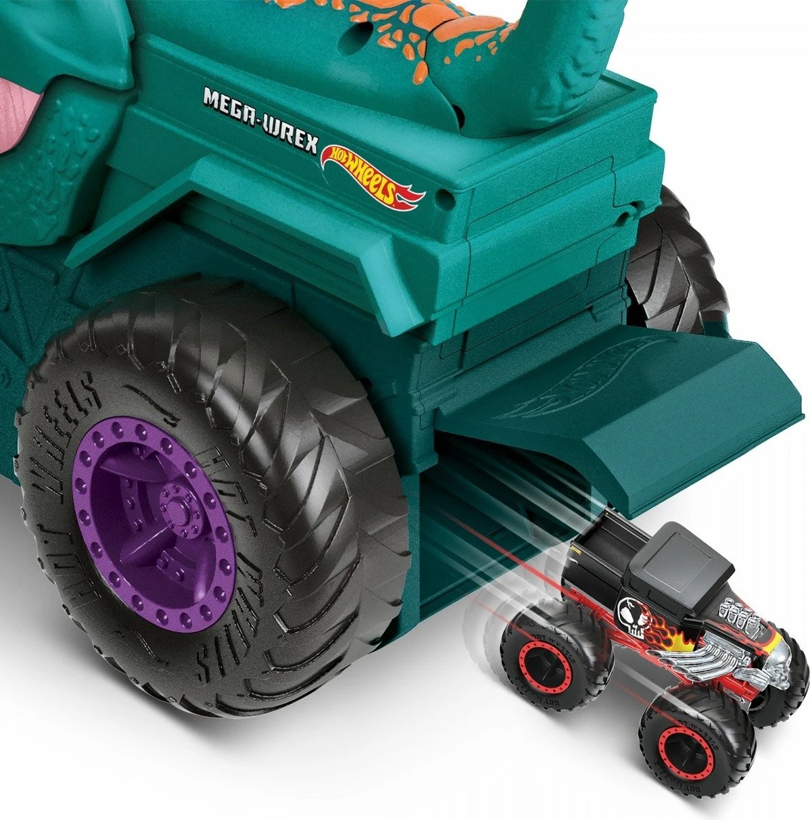 Lodër Hot Wheels Mega Wrex Car Eater Vehicle, me efekte zanore dhe dritash, për fëmijë, Set me makinë metalike, Ngjyrë kaltër/portokalli