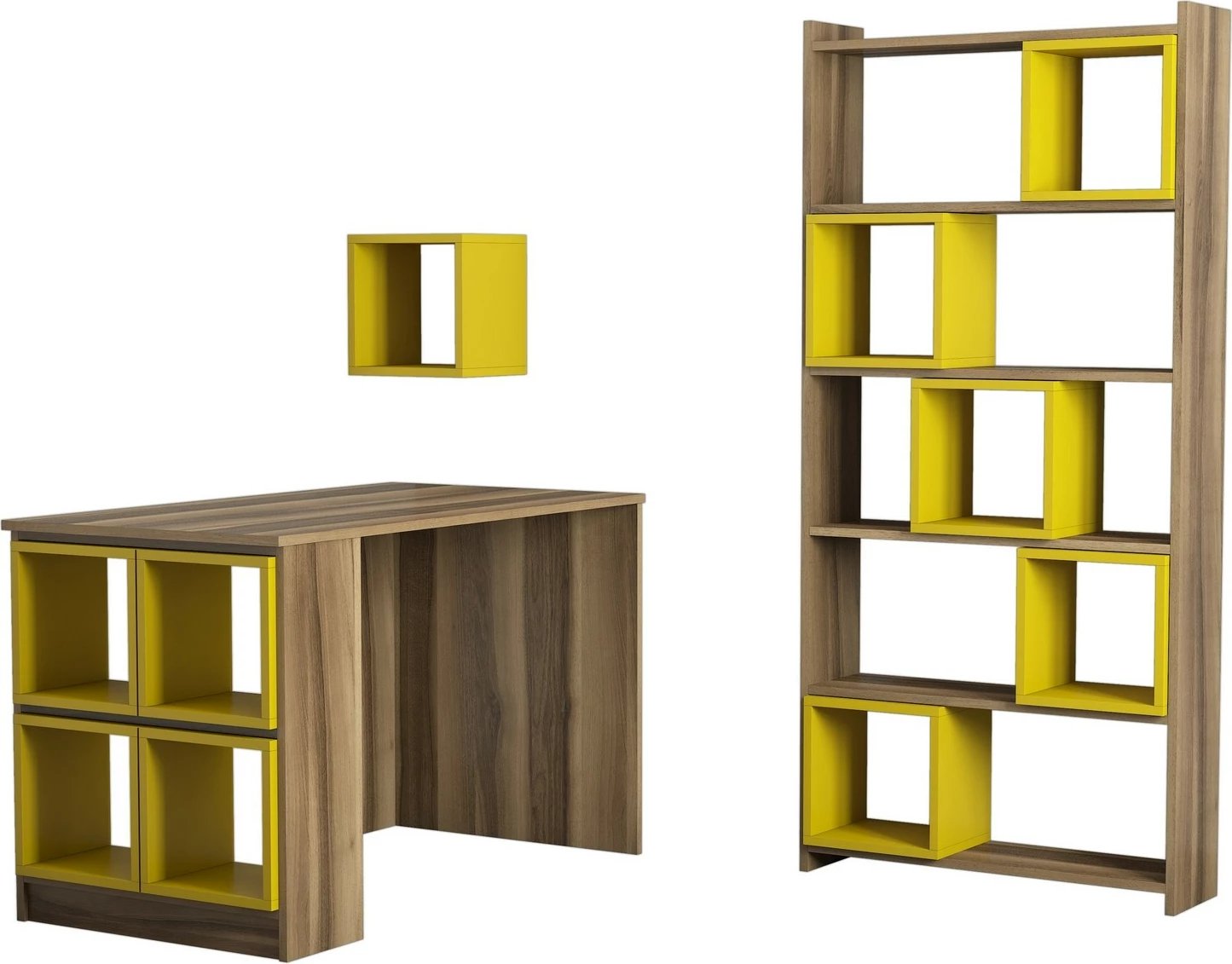 Set tavoline studimi me raft librash, ngjyrë arre dhe e verdhë, Skye Decor