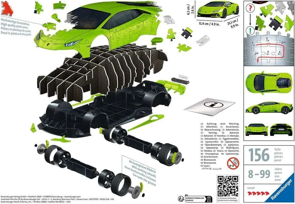 Puzzle 3D Ravensburger Lamborghini Huracán EVO, 156 pjesë, Shumëngjyrësh