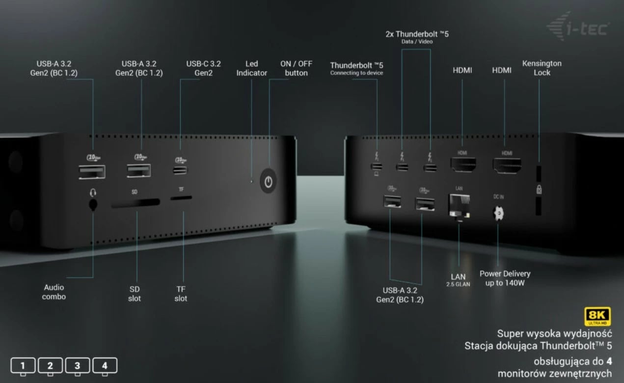 Kasë i-tec Thunderbolt 5 Quattro Display Docking Station, 5x USB, 2.5G LAN, Power Delivery 140W, e zezë