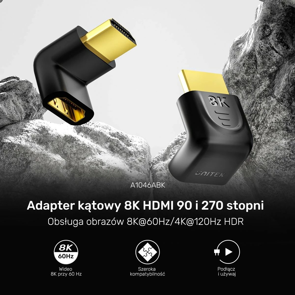 Adapter HDMI Unitek 8K, 90 dhe 270 shkallë, i bardhë