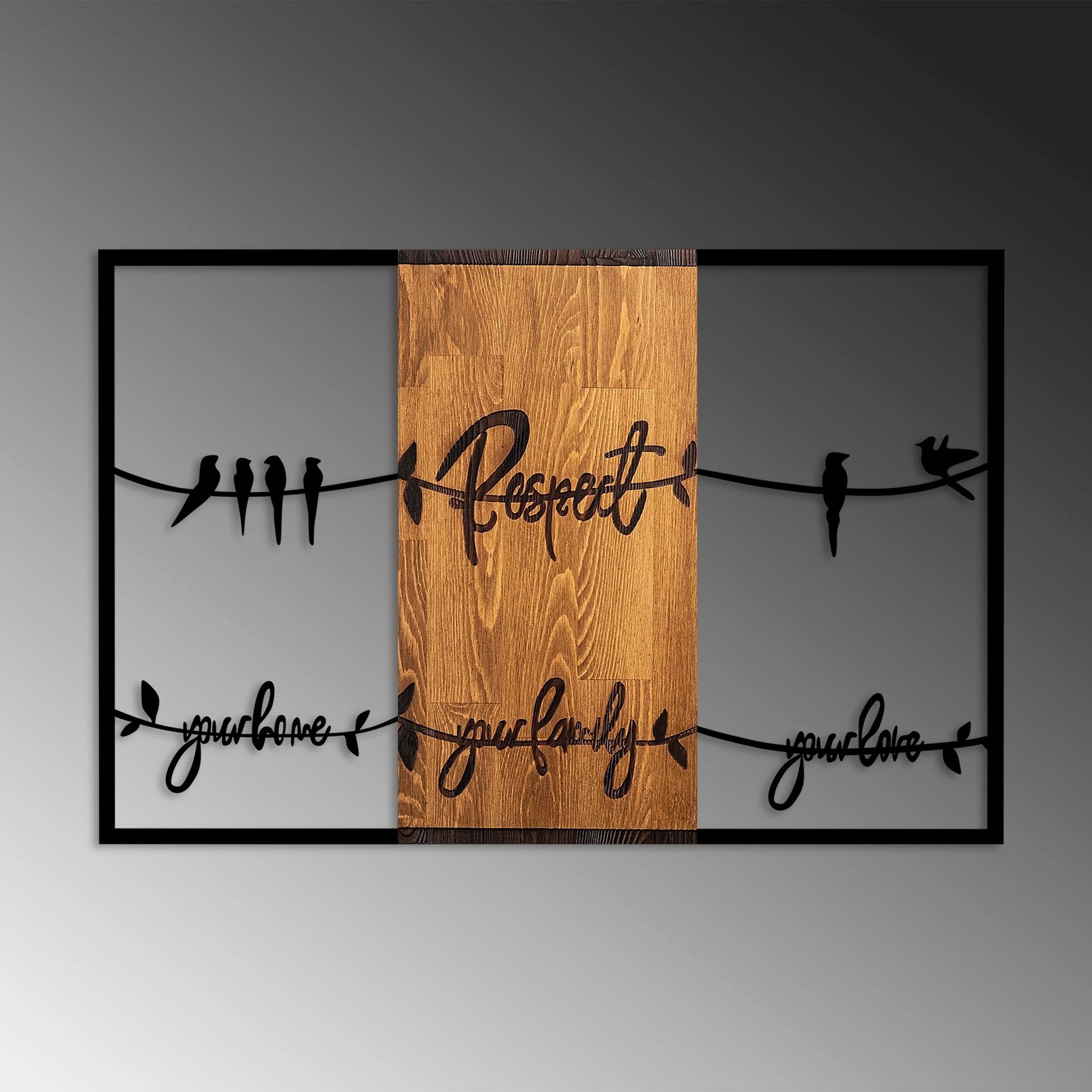 Aksesor dekorativ prej druri për mur, ngjyrë arre dhe e zezë, 88x57cm, Respect your home your family your love