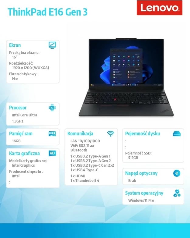 Laptop Lenovo ThinkPad E16 Gen 3 21SR0070PB, 16", Intel Core Ultra 5 225U, 16 GB RAM, 512 GB SSD, Windows 11 Pro, Zi Laptop Lenovo ThinkPad E16 Gen 3 21SR0070PB, 16", Intel Core Ultra 5 225U, 16 GB RAM, 512 GB SSD, Windows 11 Pro, Zi