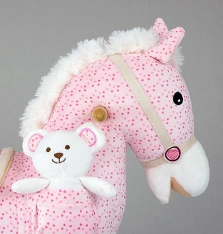 Kalë luhatës, Milly Mally, Pony, me tinguj dhe lëvizje bishti/goje, shina druri, deri 30 kg, rreth 74x28x58 cm, me lodër pelushi, rozë