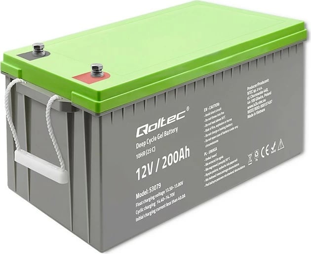 Akumulator Deep Cycle Gel Qoltec 12V 200Ah, Gri/Gjelbër
