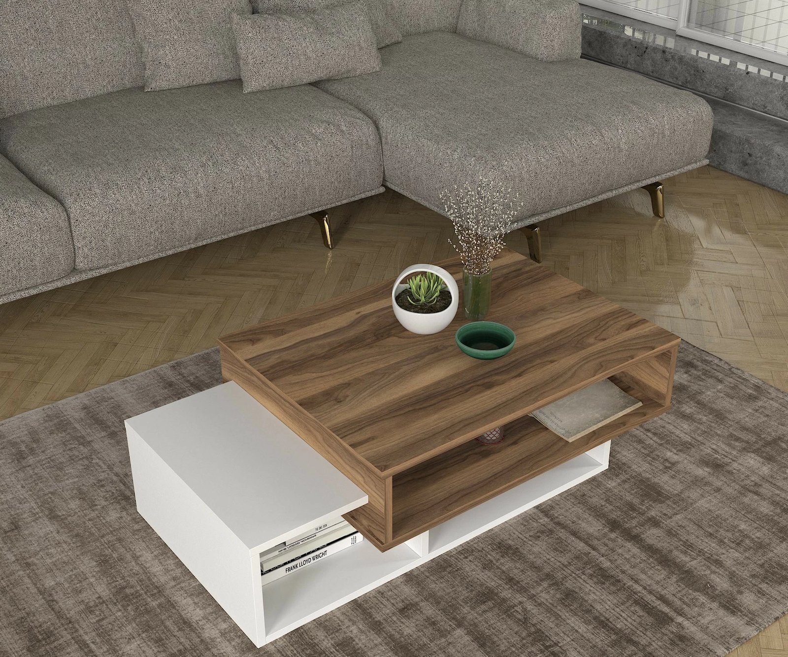 Tavolinë kafeje Skye Decor, e bardhë, arrë