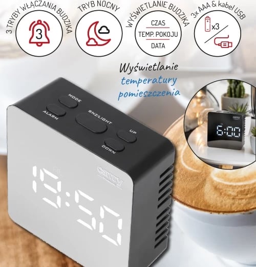 Orë alarmi Adler CR 1150, ekran LED, datë dhe temperaturë, 3 mënyra alarmi, USB + 3x AAA, e zezë