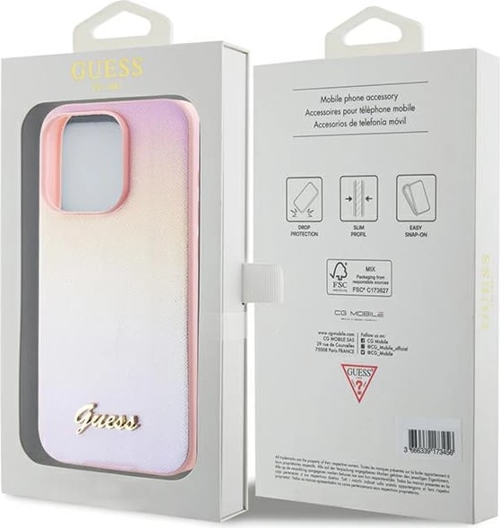 Mbështjellës Guess Saffiano Iridescent Script për iPhone 15 Pro, Rozë