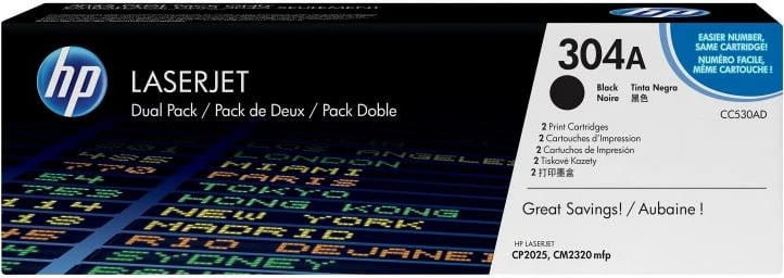 Toner HP 304A CC530AD për LaserJet, rendiment 2,400–4,400 faqe, paketë dyshe, i zi