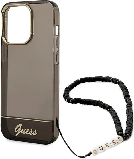 Mbështjellës Guess GUHCP14LHGCOHK për iPhone 14 Pro 6.1", Translucent Pearl Strap, i zi