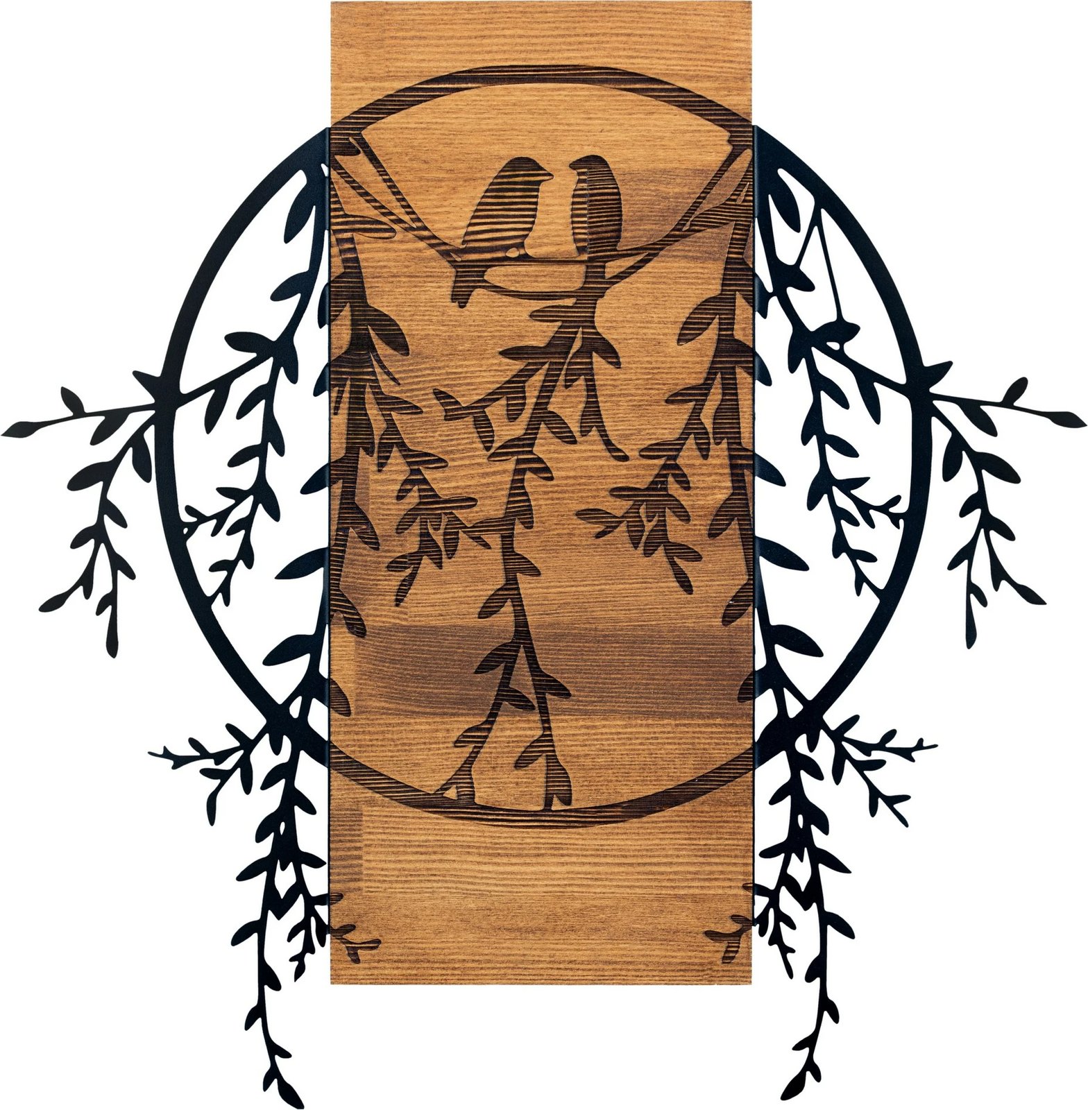 Aksesor dekorativ për mur, dru dhe metal, zogj të dashuruar, Wallity