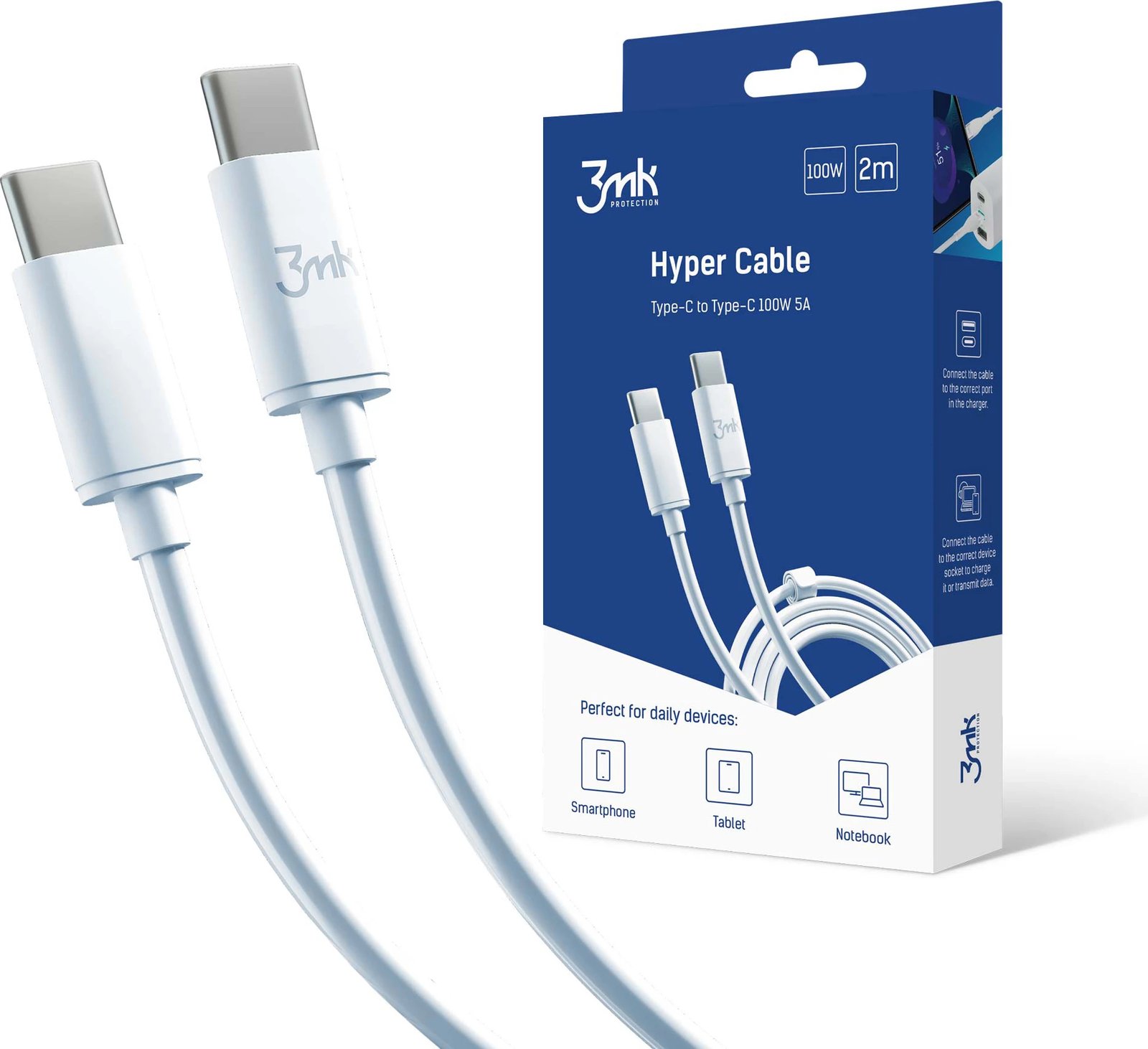 Kabllo USB-C në USB-C 3mk Hyper Cable, 2m, 100W, Bardhë
